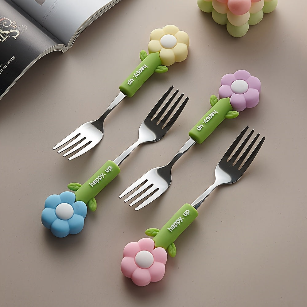 4pcs Flower Silicone Handle Fork and Spoon Set Stainless Steel Tableware Suitable for Kitchen Restaurant Hotel Carrying Party Travel Camping