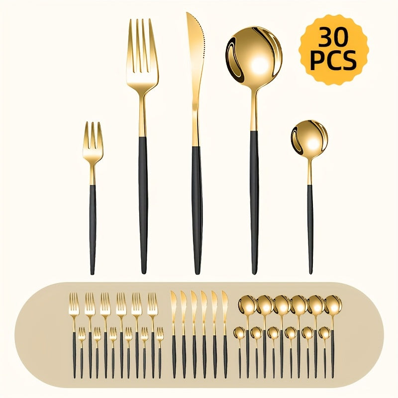 24/30pcs Portuguese Stainless Steel Cutlery Set | 6-Person High-End Mirror Polished Tableware with Steak Knife + Salad Fork + Dessert Spoon | Dishwasher Safe & Rust-Resistant | Suitable for Home/Restaurant/Party | Recommended Christmas Gift | Black Golden