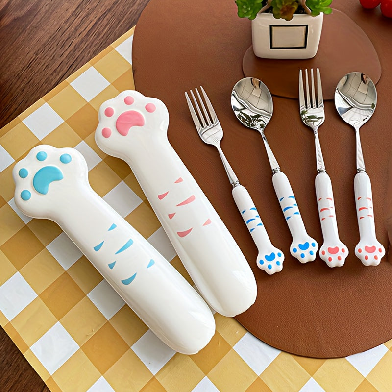 2pcs Stainless Steel Outdoor Cutlery Set with Cute Cat Paw Case - Portable Reusable Fork & Spoon, Compact Travel Utensils with Ergonomic Grip & Polished Finish for Camping, Picnic, Hiking, School, Work - Durable & Hygienic Design, Ideal for Adults & (Cat
