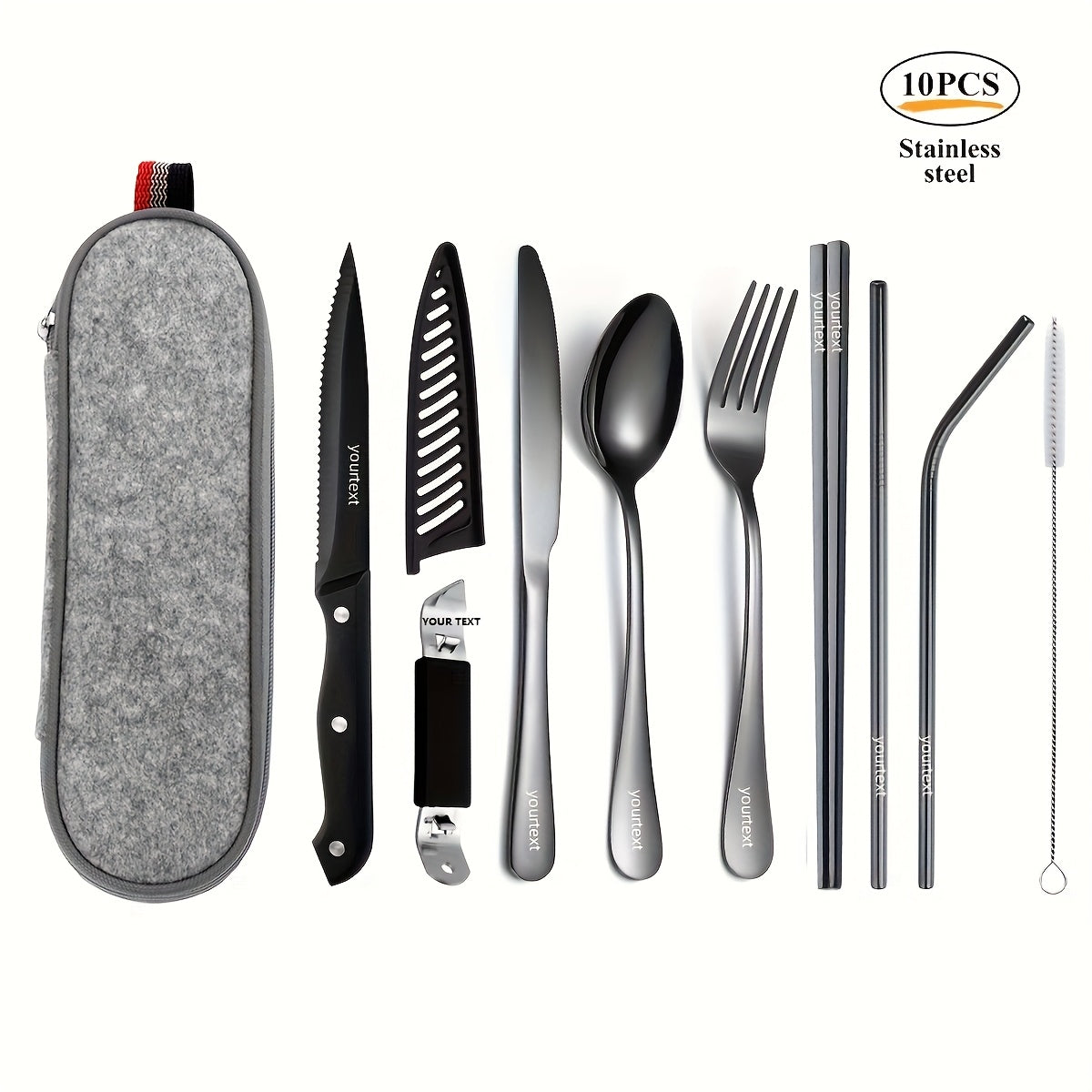 Personalized Customized Outdoor Portable Cutlery Set, Travel Camping Set, 9/10pcs Including Knife, Fork, Spoon, Chopsticks, Cleaning Brush, Straw, Bottle Opener, Steak Knife with Knife Cover, Safe And Not Easily Damaged, Portable Bag, Silvery/Black