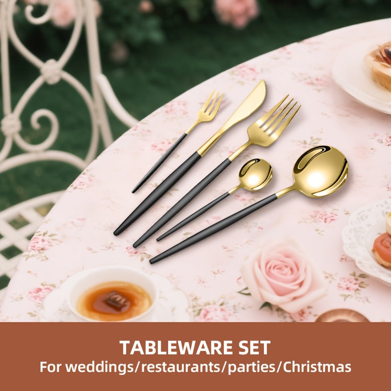 24/30pcs Portuguese Stainless Steel Cutlery Set | 6-Person High-End Mirror Polished Tableware with Steak Knife + Salad Fork + Dessert Spoon | Dishwasher Safe & Rust-Resistant | Suitable for Home/Restaurant/Party | Recommended Christmas Gift | Black Golden