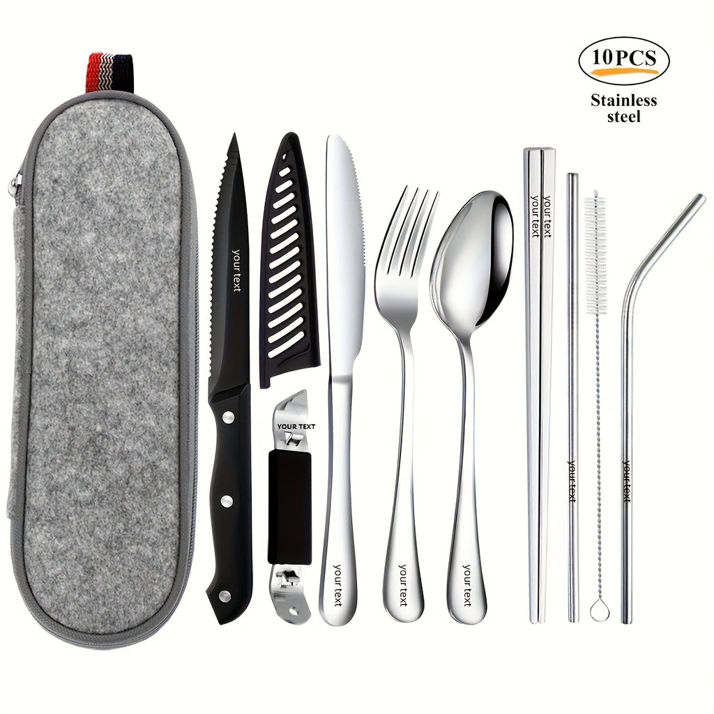 Personalized Customized Outdoor Portable Cutlery Set, Travel Camping Set, 9/10pcs Including Knife, Fork, Spoon, Chopsticks, Cleaning Brush, Straw, Bottle Opener, Steak Knife with Knife Cover, Safe And Not Easily Damaged, Portable Bag, Silvery/Black