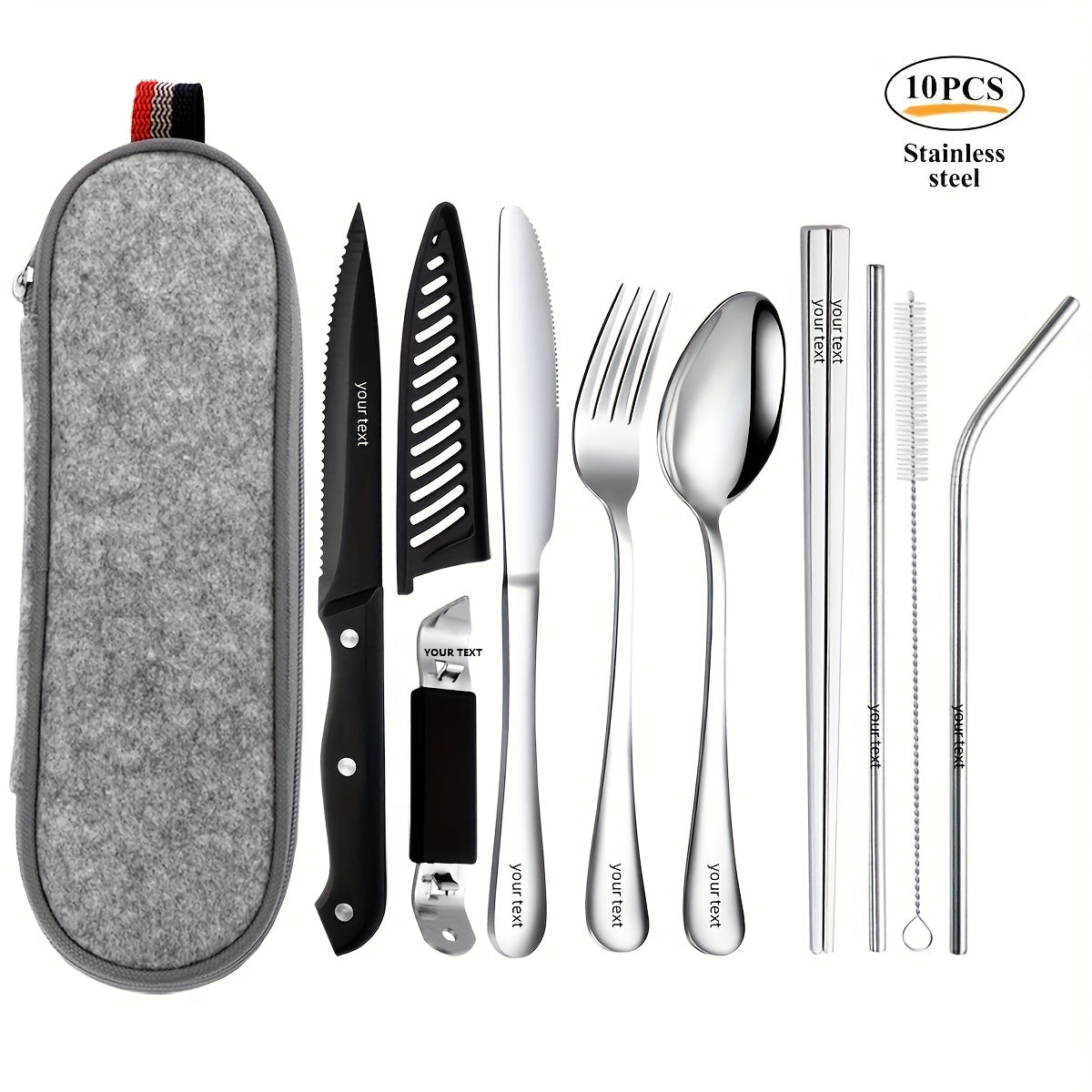 Personalized Customized Outdoor Portable Cutlery Set, Travel Camping Set, 9/10pcs Including Knife, Fork, Spoon, Chopsticks, Cleaning Brush, Straw, Bottle Opener, Steak Knife with Knife Cover, Safe And Not Easily Damaged, Portable Bag, Silvery/Black