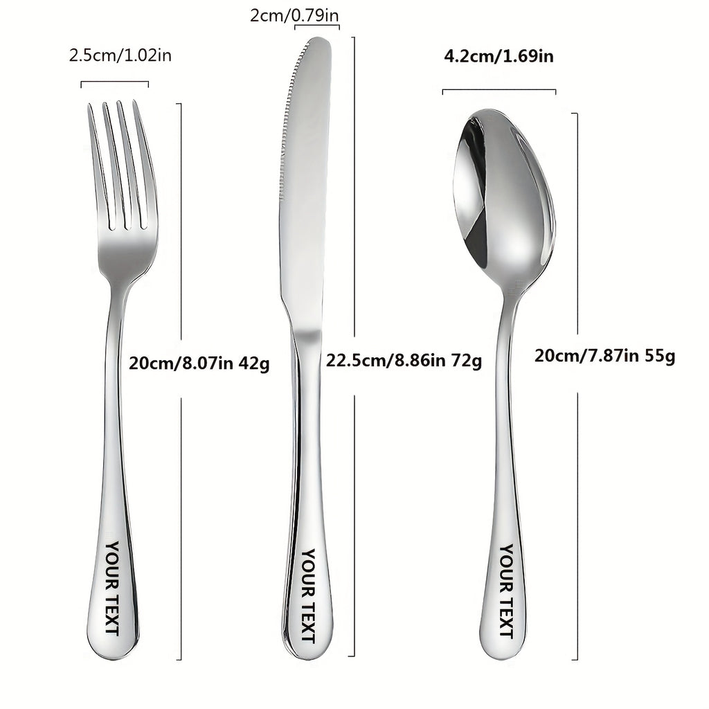 4pcs Customized Text, Engraved 3pcs Stainless Steel Cutlery Set, Portable Knife Fork Spoon and Box, Silvery/Black, Essential for Couples, Travel, Camping, Office, School Restaurant Lunch Box, Christmas Gift