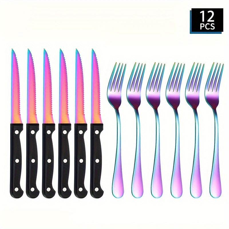 12pcs Stainless Steel Knife and Fork Cutlery Set Classic Black Steak Knife and Fork Dining Table Colorful Pizza Knife Multi-purpose Serrated Bread Knife BBQ Camping Steak Knife and Fork