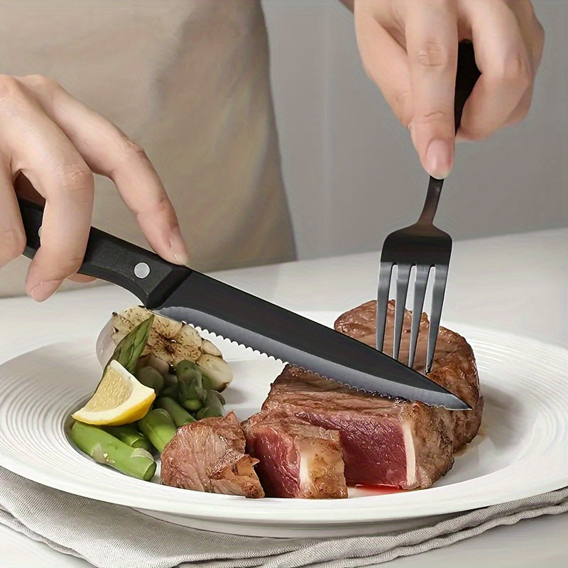 12pcs Stainless Steel Knife and Fork Cutlery Set Classic Black Steak Knife and Fork Dining Table Colorful Pizza Knife Multi-purpose Serrated Bread Knife BBQ Camping Steak Knife and Fork