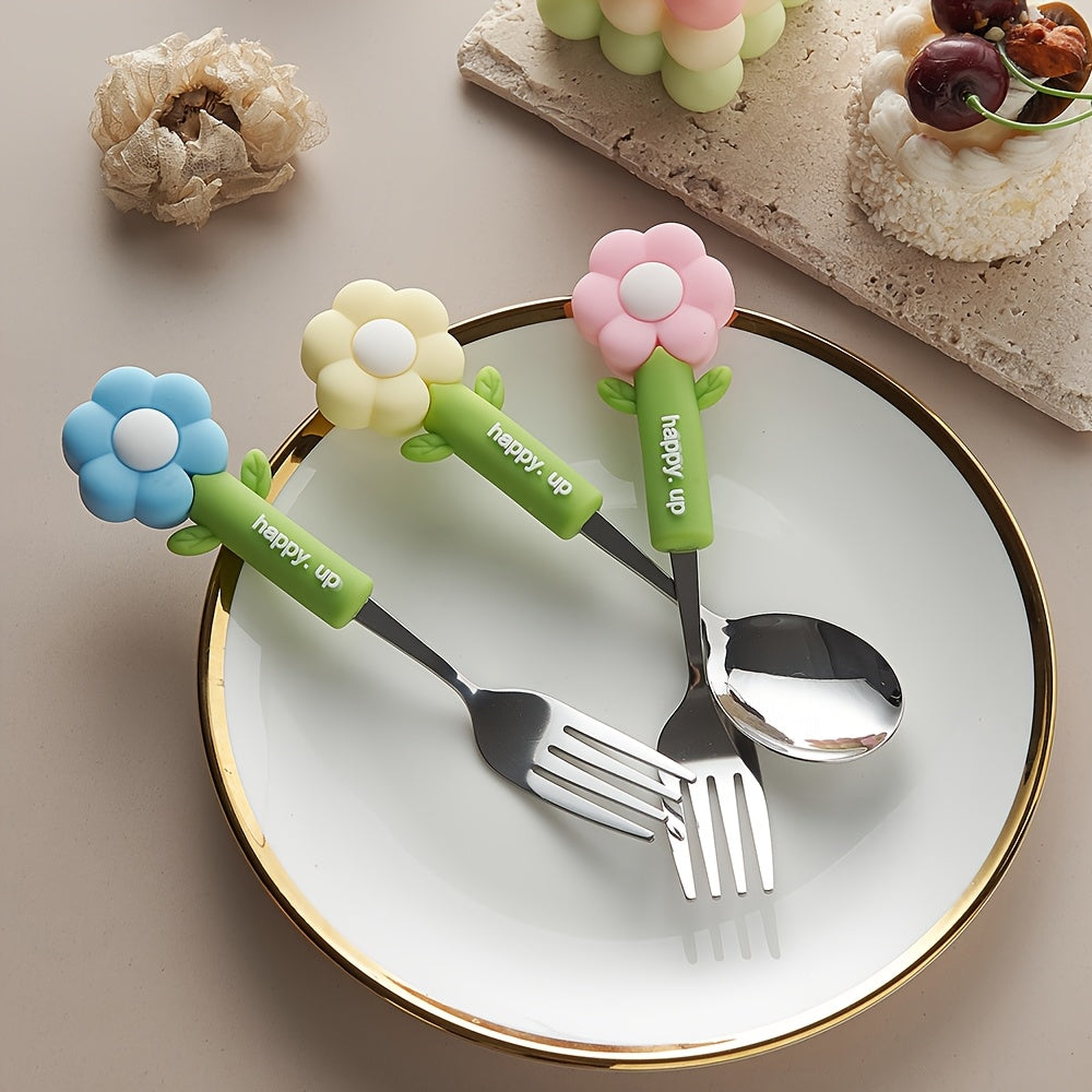 4pcs Flower Silicone Handle Fork and Spoon Set Stainless Steel Tableware Suitable for Kitchen Restaurant Hotel Carrying Party Travel Camping