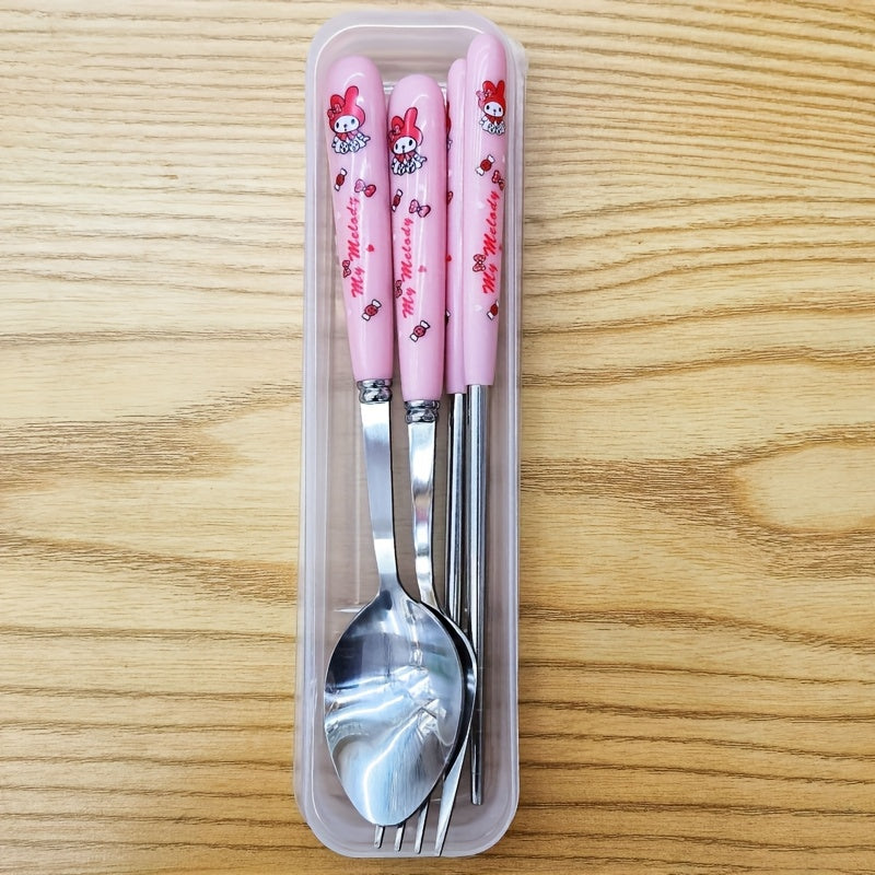Sanrio for hello kitty, for Kuromi & for Cinnamoroll Stainless Steel Flatware Set - 3pcs Cute Character Cutlery with Portable Case, 304 Stainless Steel Fork Spoon Chopsticks for Home, Travel, Parties, Outdoor - Collectible Gift for Fans, Themed Party