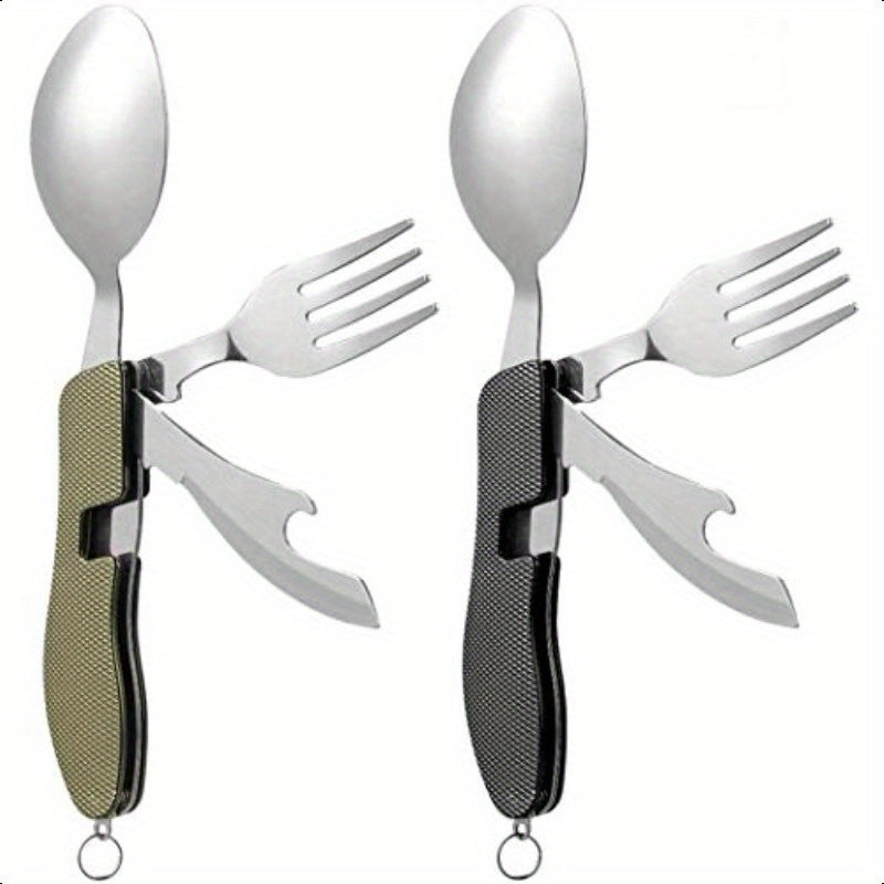 Set of 2 Portable Camping Cutlery with Detachable Design, 4-In-1 Stainless Steel Travel Utensils Including Foldable Knife, Fork, Spoon, And Bottle Opener, Multi-Functional Eating Flatware in Green And Black., Y Travel Practicalism Mens Liaoning