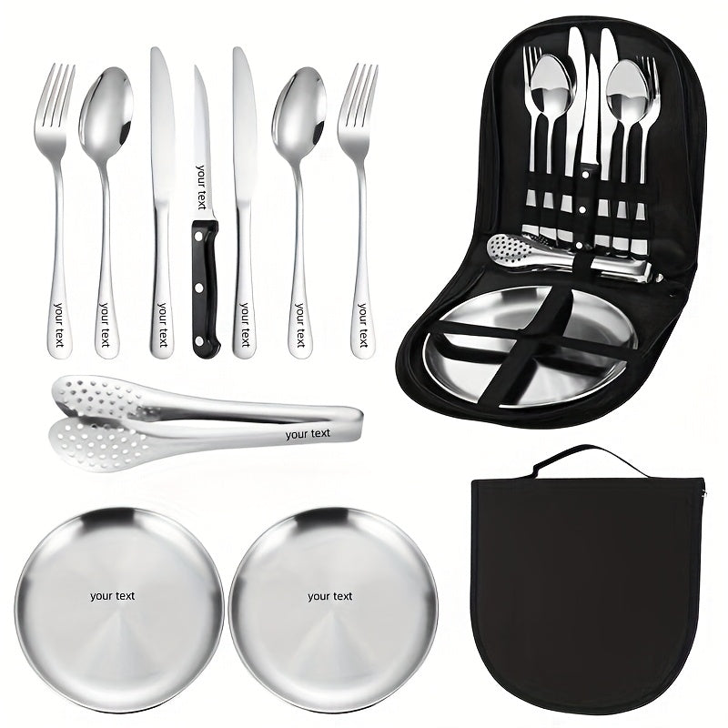Personalized 10pcs Stainless Steel Camping Utensil Set, Portable, Sturdy, and Lightweight Outdoor Picnic Accessories, Including Plates, Forks, Spoons, Steak Knives, Hiking, Backpacking, Camping Picnics, and Travel Essentials