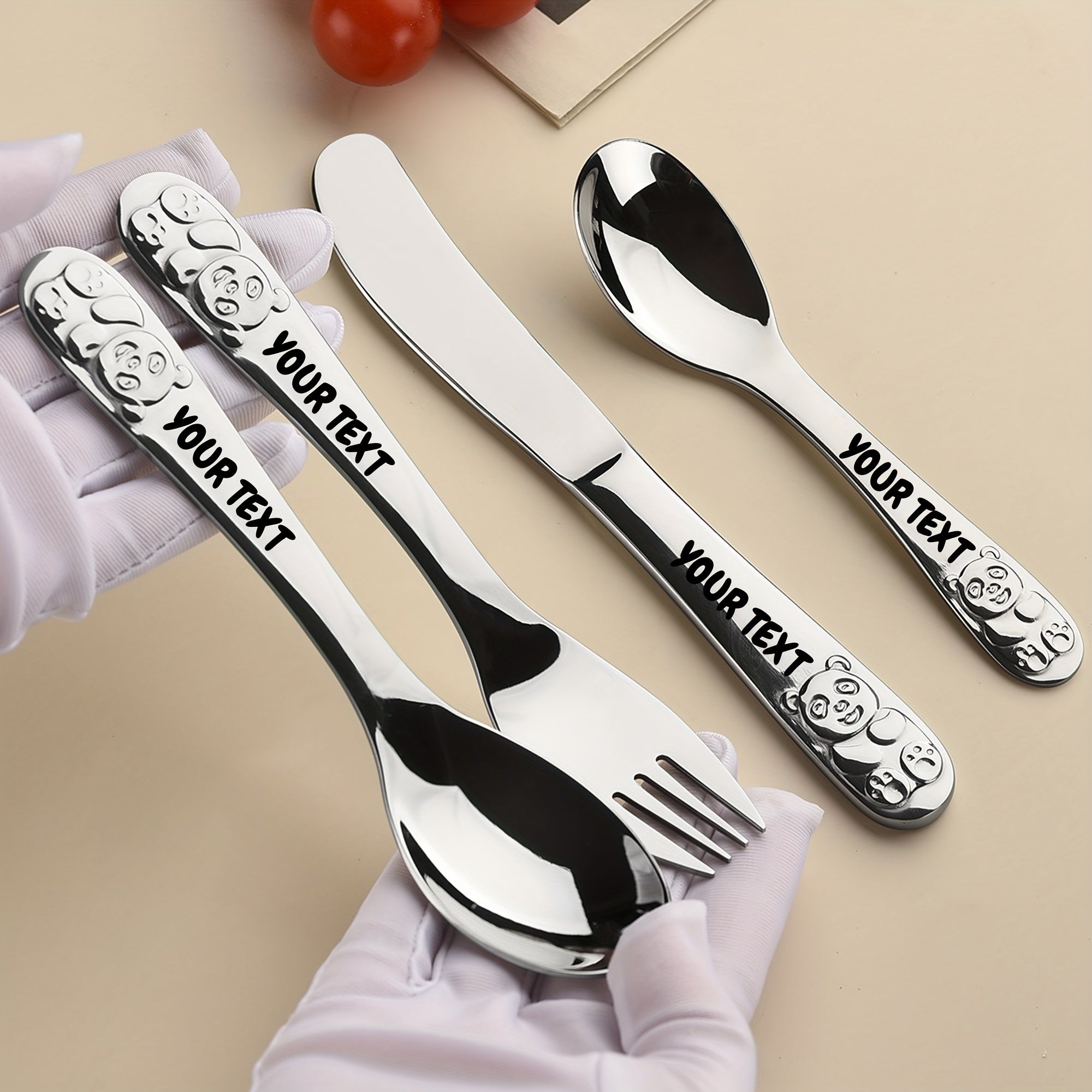 4pcs Custom Engraved Stainless Steel Cutlery Set, Cute Bear Design, Durable Tableware with Gift Box, Ideal for Family Gatherings & Everyday Use