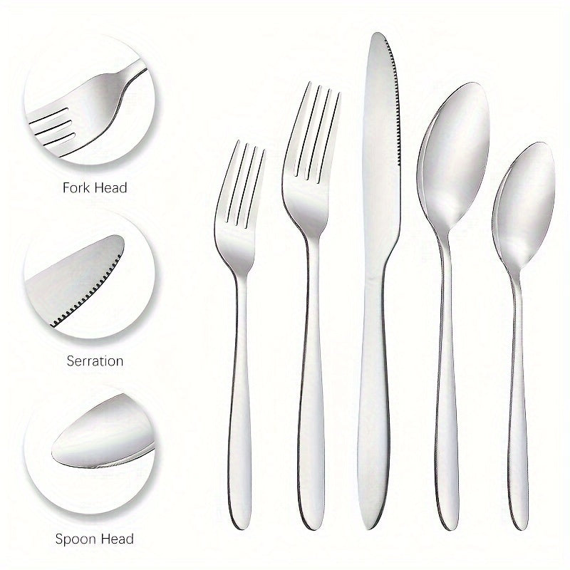 30pcs Stainless Steel Silver Tableware Set Knife, Fork and Spoon Set with Steak Knife 4-person Service Stainless Steel Tableware Set Mirror Polished Tableware Set Kitchen Tableware Fork and Spoon Set