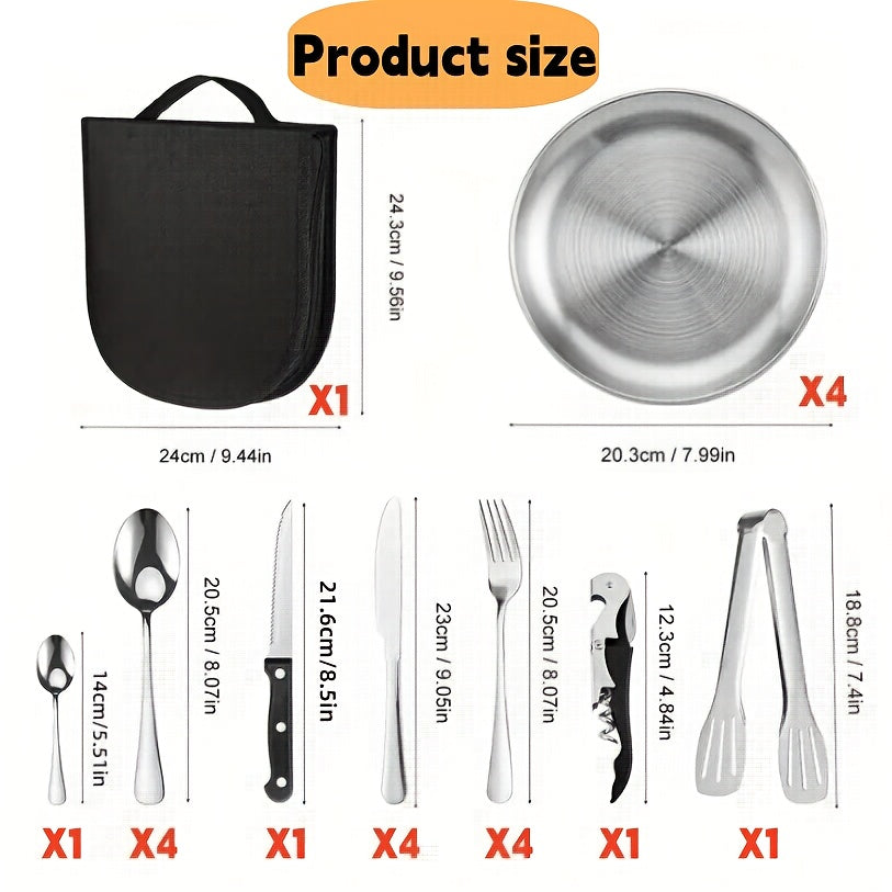 21pcs Portable Cutlery Set - Durable Outdoor Picnic Tools, Stainless Steel Camping Utensils with Steak Knives, Dinner Forks, Plates, Soup Spoons, Bottle Opener, Tongs & Storage Bag, Dishwasher Safe, Reusable for Travel, Backpacking, Camping, Parties, and