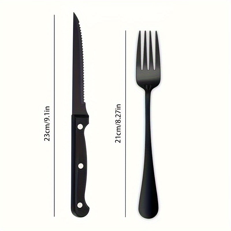 12pcs Stainless Steel Knife and Fork Cutlery Set Classic Black Steak Knife and Fork Dining Table Colorful Pizza Knife Multi-purpose Serrated Bread Knife BBQ Camping Steak Knife and Fork