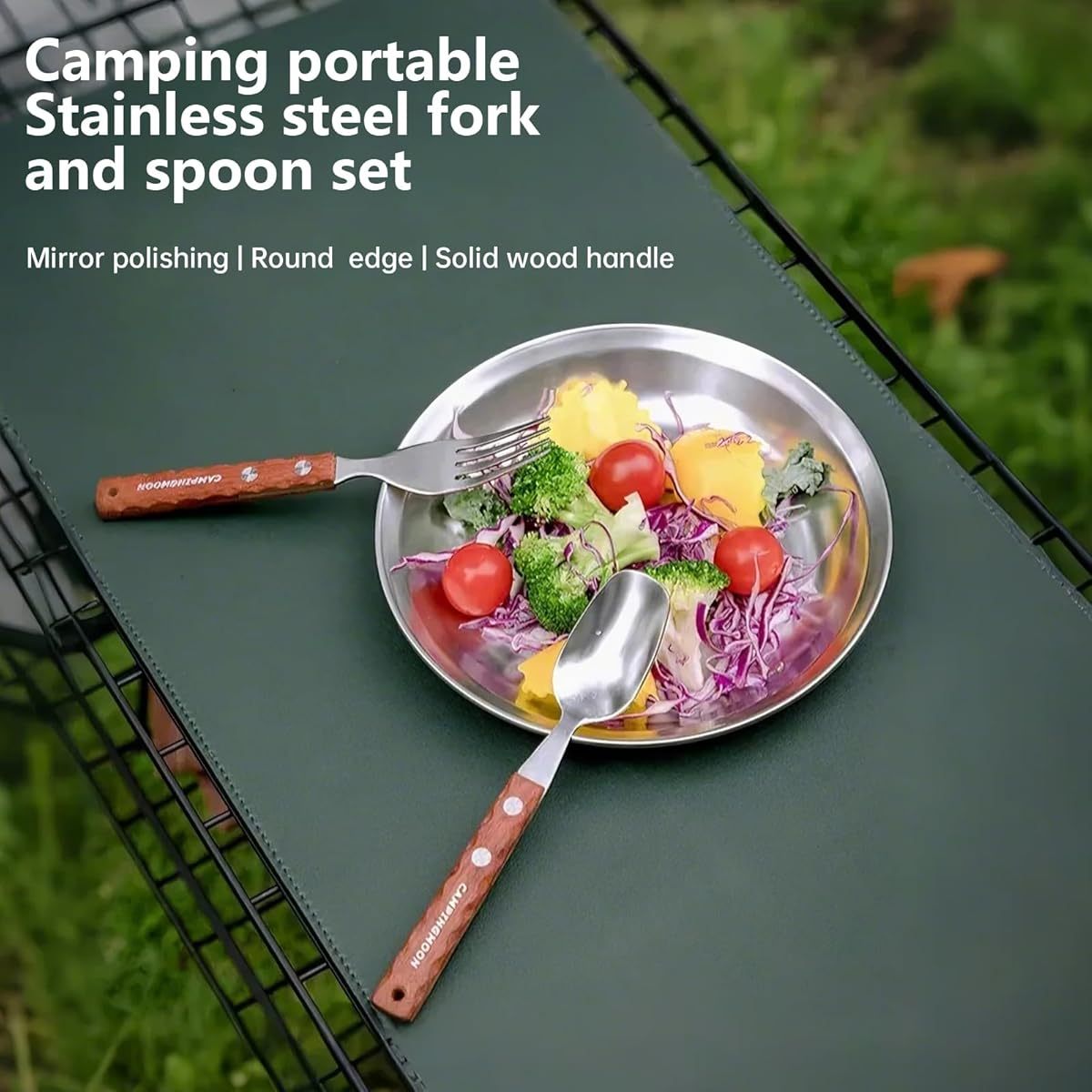 Campingmoon Stainless Steel Camping Fork and Spoon Combo 2- Pack Metal Sporks Set of 2 with Solid Wood Handle Salad Forks Spork Camping Utensil for Hiking Backpacking, Camping Accessories And Equipment, Camping Gear, Camping Dinnerware Set, Camping Kit,