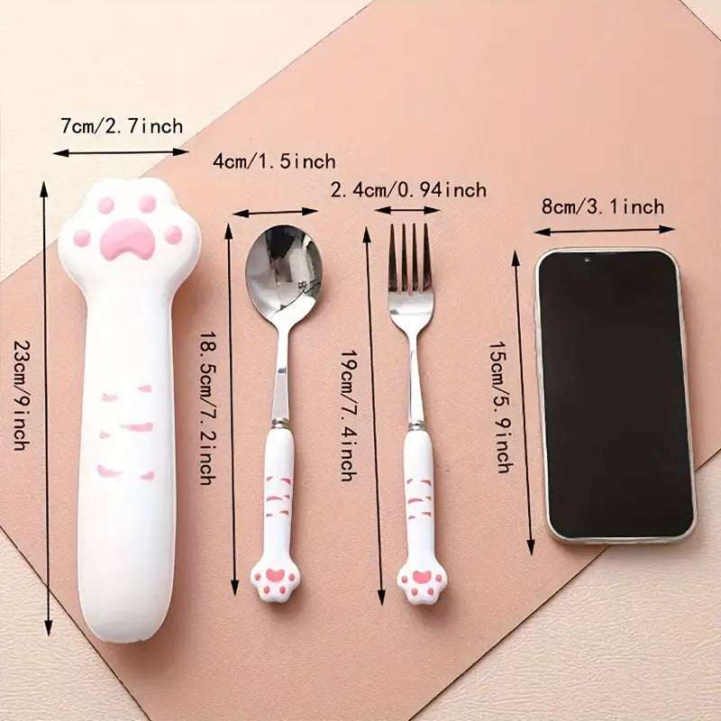 2pcs Stainless Steel Outdoor Cutlery Set with Cute Cat Paw Case - Portable Reusable Fork & Spoon, Compact Travel Utensils with Ergonomic Grip & Polished Finish for Camping, Picnic, Hiking, School, Work - Durable & Hygienic Design, Ideal for Adults & (Cat