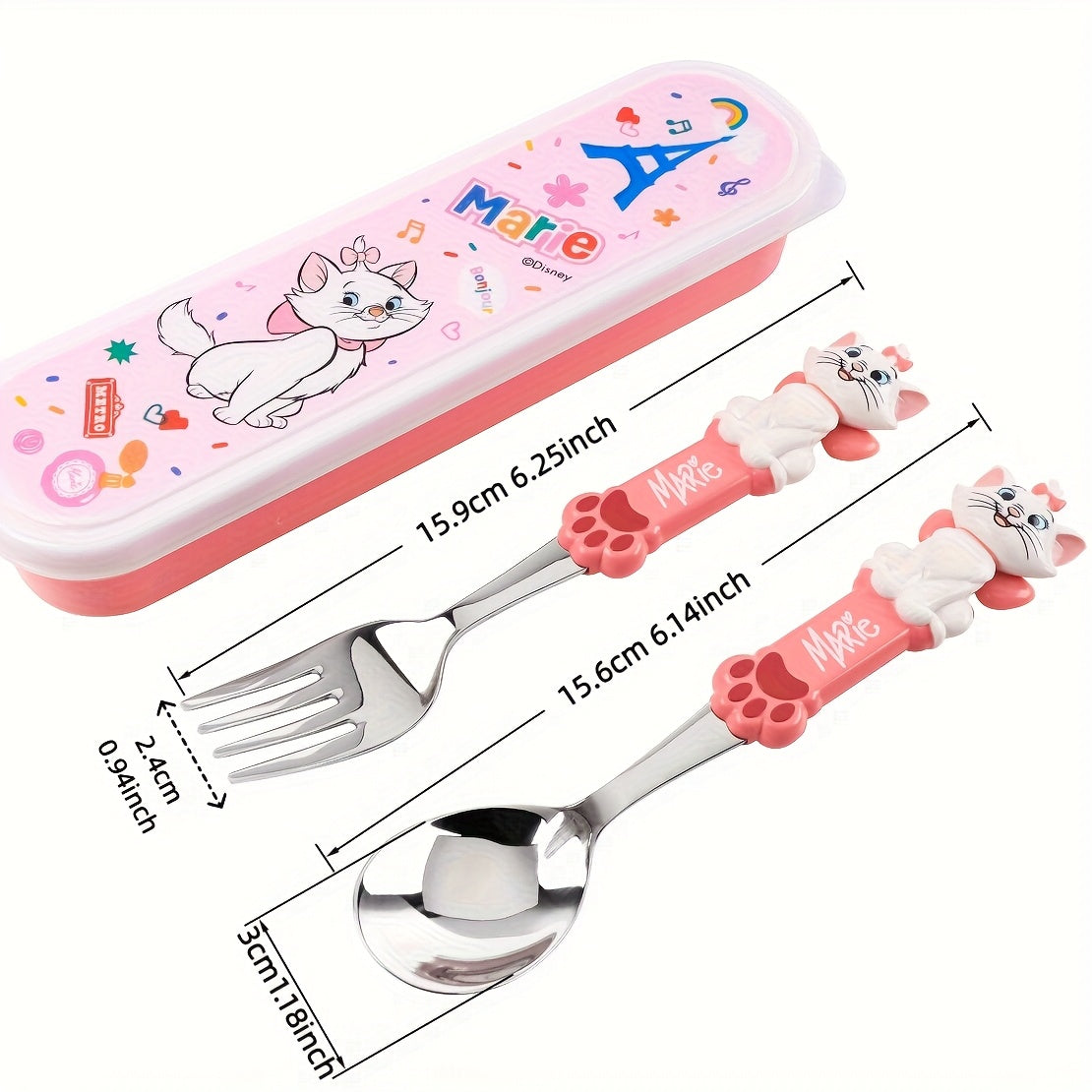 3pcs/set Of Marie Cutlery, Spoon, Fork,Boxe, Adorable Stainless Steel Tableware, Portable Reusable Utensils, Western style salad fork spoon, Suitable for Lunch, Camping, Workplace Travel, Ideal Gifts for Family And Friends