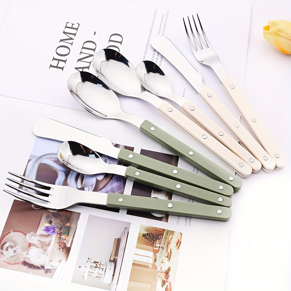 12/16pcs mirror tableware set, main knife fork spoon tea spoon acrylic plastic handle tableware, stainless steel daily tableware set, suitable for kitchen and home use, Best for Christmas, Perfect for Thanksgiving