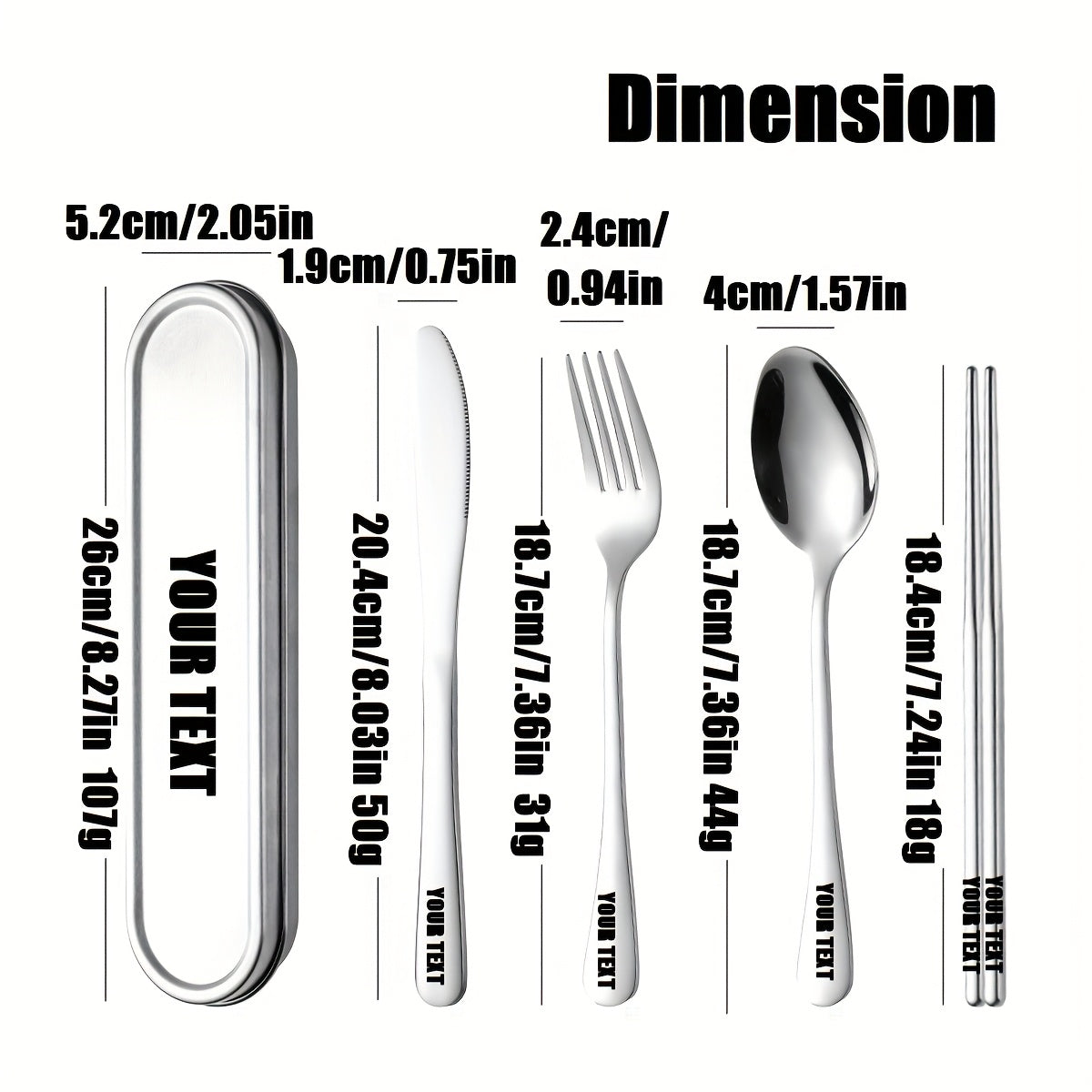 Customize your text with a 3/4pcs 304 Silvery stainless steel knives, forks, spoons, and portable cutlery boxes. The silverware set is easy to store, not damaged, and suitable for going out, picnicking, camping, outdoor activities, and school season
