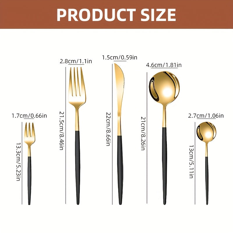 24/30pcs Portuguese Stainless Steel Cutlery Set | 6-Person High-End Mirror Polished Tableware with Steak Knife + Salad Fork + Dessert Spoon | Dishwasher Safe & Rust-Resistant | Suitable for Home/Restaurant/Party | Recommended Christmas Gift | Black Golden