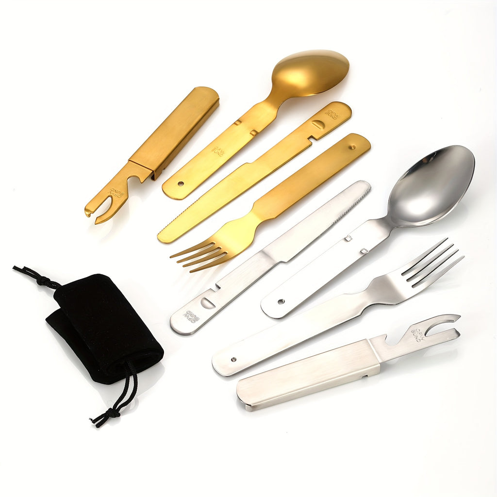 Personalized customization, 4pcs stainless steel portable outdoor tableware set - suitable for travel, equipped with knife, fork, spoon, bottle opener and storage bag - outdoor combination tableware, camping outdoor travel Golden, black and Silvery