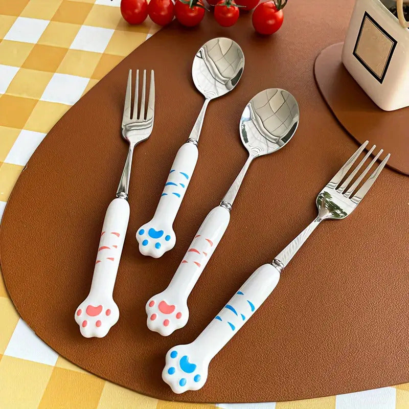 2pcs Stainless Steel Outdoor Cutlery Set with Cute Paw-Shaped Case - Portable & Reusable Forks & Spoons with Ergonomic Handle, Pink Paw Print & Heart Cutouts for Camping, Picnic, Travel - Durable & Hygienic, Compact & Lightweight, Ideal for Hiking, Beach,