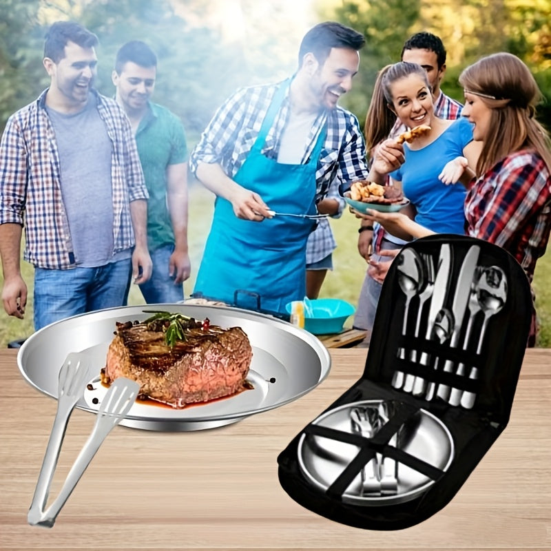 21pcs Stainless Steel Polished Portable Cutlery Set - Durable Outdoor Picnic Tools with Knife, Forks, Plates, Soup Spoons, Bottle Opener, Coffee Spoon, Tongs & Storage Bag, Dishwasher Safe, Reusable for Travel, Camping, Parties & More