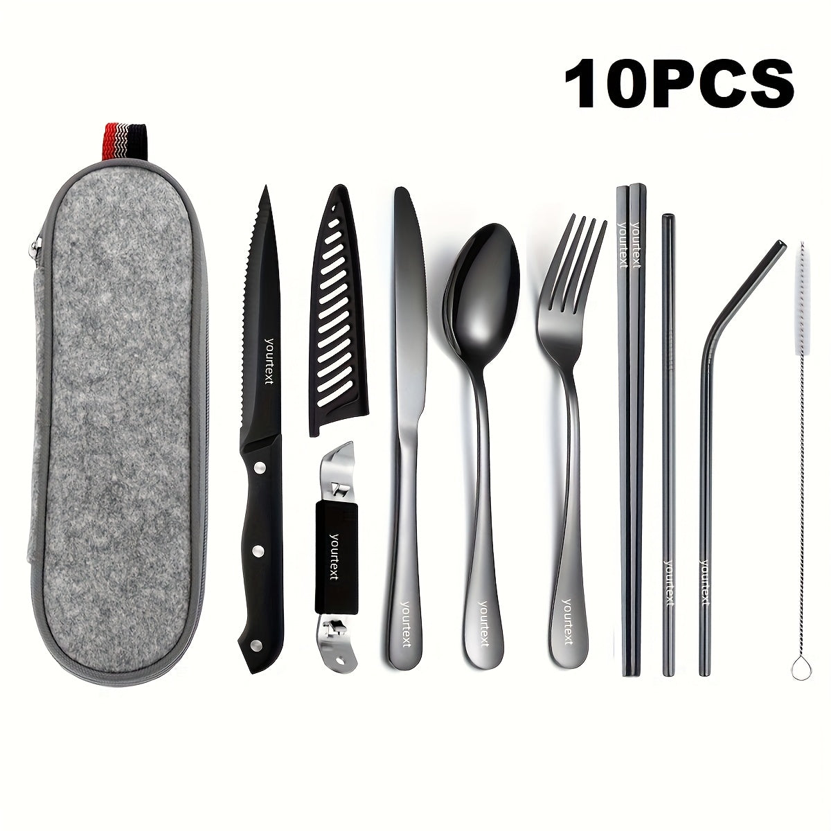 Customize Your Text, 9/10pcs Black Silvery Stainless Steel Outdoor Portable Cutlery Set, Travel Camping Set, Including Knife, Fork, Spoon, Chopsticks, Cleaning Brush, Straw, Bottle Opener, Steak Knife with Knife Cover, Safe And Not Easily Damaged