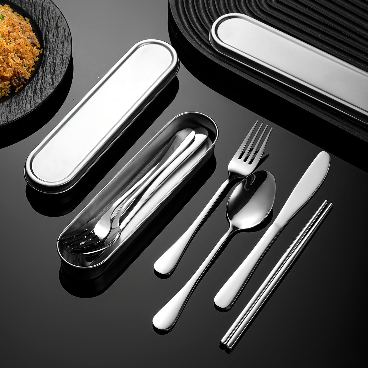 Customize your text with a 3/4pcs 304 Silvery stainless steel knives, forks, spoons, and portable cutlery boxes. The silverware set is easy to store, not damaged, and suitable for going out, picnicking, camping, outdoor activities, and school season