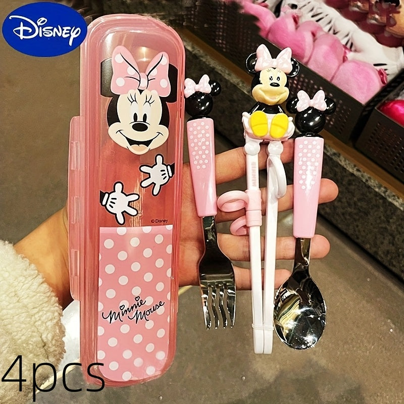 4pcs Training Chopsticks and 304 Stainless Steel Fork and Spoon, Cartoon Novelty Style with Box, Elsa Princess, Mickey and Minnie, Stitch Can Be Selected, Portable Learning Chopsticks Cute Tableware, Suitable for Beginners Outdoor Camping Accessories Home