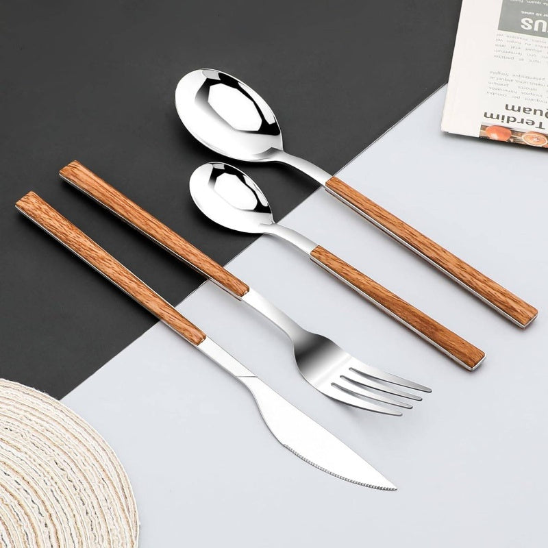 Stainless Steel Flatware Set 4, Cutlery Utensils Set with Simulated Wooden Handle Include Knives Forks Spoons Service 4, Mirror Polished and Dishwasher Safe Silvery, Stainless Steel Cutlery Set, Cutlery Set Stainless Steel, Cutlery, Portable Cutlery Set,