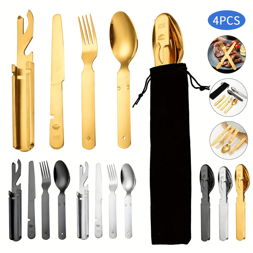 Personalized customization, 4pcs stainless steel portable outdoor tableware set - suitable for travel, equipped with knife, fork, spoon, bottle opener and storage bag - outdoor combination tableware, camping outdoor travel Golden, black and Silvery