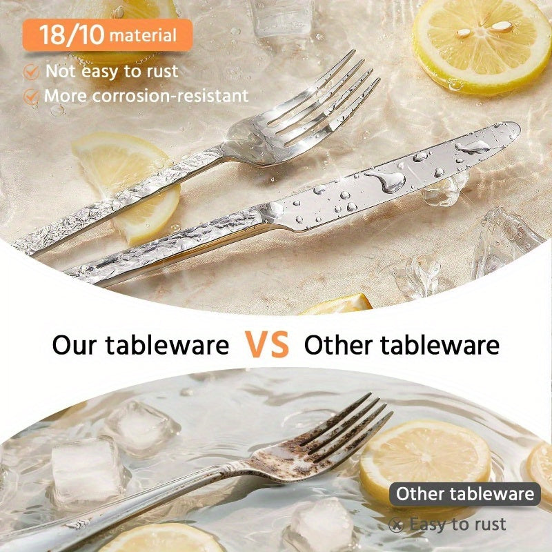 40pcs Hammered Silverware Set 8, 1810 Stainless Steel Heavy Duty Flatware Set, Tableware Cutlery Utensil Sets Home Restaurant Dishwasher Safe, Perfect for Thanksgiving, Christmas, Halloween, Easter, Mother'S Day, Father'S Day, Thanksgiving Decorations,