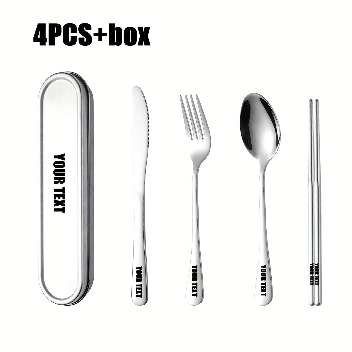 Customize your text with a 3/4pcs 304 Silvery stainless steel knives, forks, spoons, and portable cutlery boxes. The silverware set is easy to store, not damaged, and suitable for going out, picnicking, camping, outdoor activities, and school season