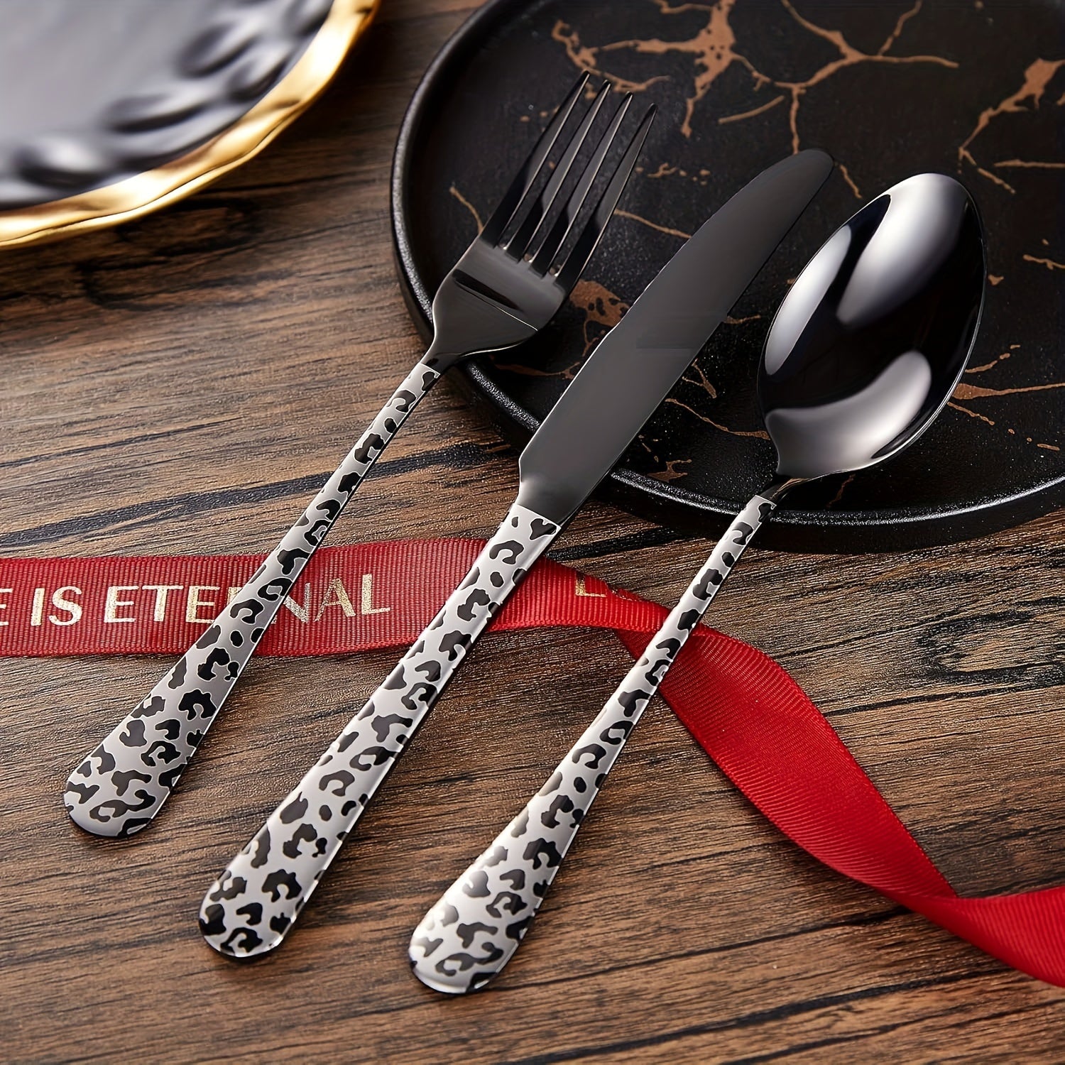 Black cutlery set includes spoons, forks, knives, stainless steel cutlery set, leopard print pattern innovative cutlery set, 5/20pcs, dishwasher washable, mirror polished cutlery set