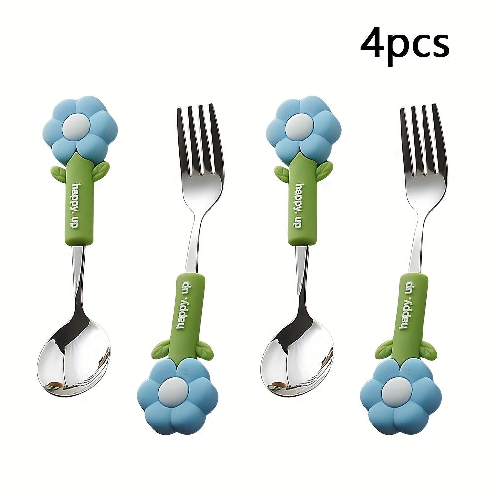 4pcs Flower Silicone Handle Fork and Spoon Set Stainless Steel Tableware Suitable for Kitchen Restaurant Hotel Carrying Party Travel Camping