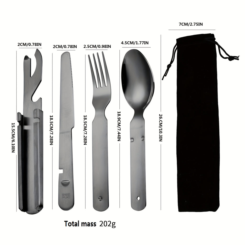 Personalized customization, 4pcs stainless steel portable outdoor tableware set - suitable for travel, equipped with knife, fork, spoon, bottle opener and storage bag - outdoor combination tableware, camping outdoor travel Golden, black and Silvery