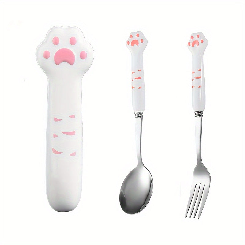 2pcs Stainless Steel Outdoor Cutlery Set with Cute Cat Paw Case - Portable Reusable Fork & Spoon, Compact Travel Utensils with Ergonomic Grip & Polished Finish for Camping, Picnic, Hiking, School, Work - Durable & Hygienic Design, Ideal for Adults & (Cat