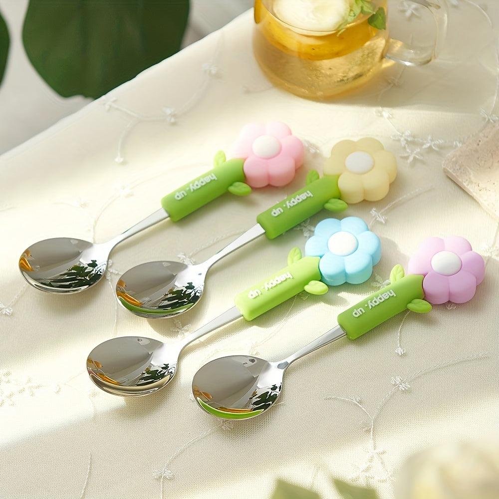 4pcs Flower Silicone Handle Fork and Spoon Set Stainless Steel Tableware Suitable for Kitchen Restaurant Hotel Carrying Party Travel Camping