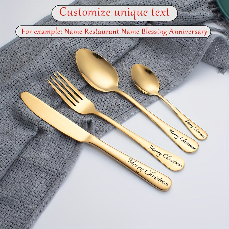 4pcs Customized Unique Stainless Steel Cutlery Set, Knife, Fork and Spoon Set, Recording Beautiful Life, Wedding Gift for Newlyweds, Suitable for Wedding, Wedding Anniversary, Anniversary, Birthday, Holiday, Christmas Gift, Golden