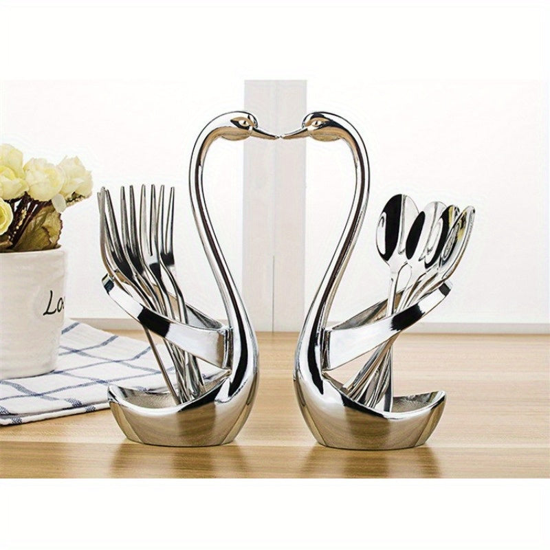 7pcs Elegant Swan-shaped Stainless Steel Cutlery Holder Set, Includes 3 Forks and 3 Spoons - Rust-proof, Suitable for Kitchen and Restaurant Use, Swan Coffee Spoon Home Supplies Tableware Fruit Fork Set