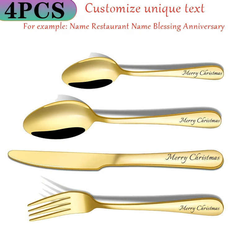 4pcs Customized Unique Stainless Steel Cutlery Set, Knife, Fork and Spoon Set, Recording Beautiful Life, Wedding Gift for Newlyweds, Suitable for Wedding, Wedding Anniversary, Anniversary, Birthday, Holiday, Christmas Gift, Golden