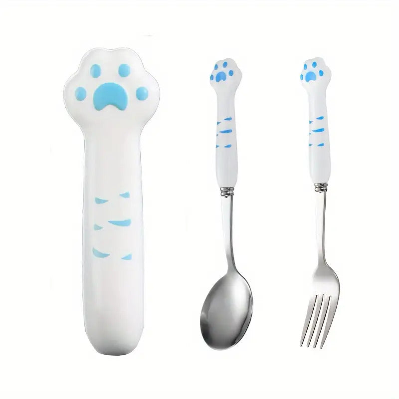 2pcs Stainless Steel Outdoor Cutlery Set with Cute Cat Paw Case - Portable Reusable Fork & Spoon, Compact Travel Utensils with Ergonomic Grip & Polished Finish for Camping, Picnic, Hiking, School, Work - Durable & Hygienic Design, Ideal for Adults & (Cat