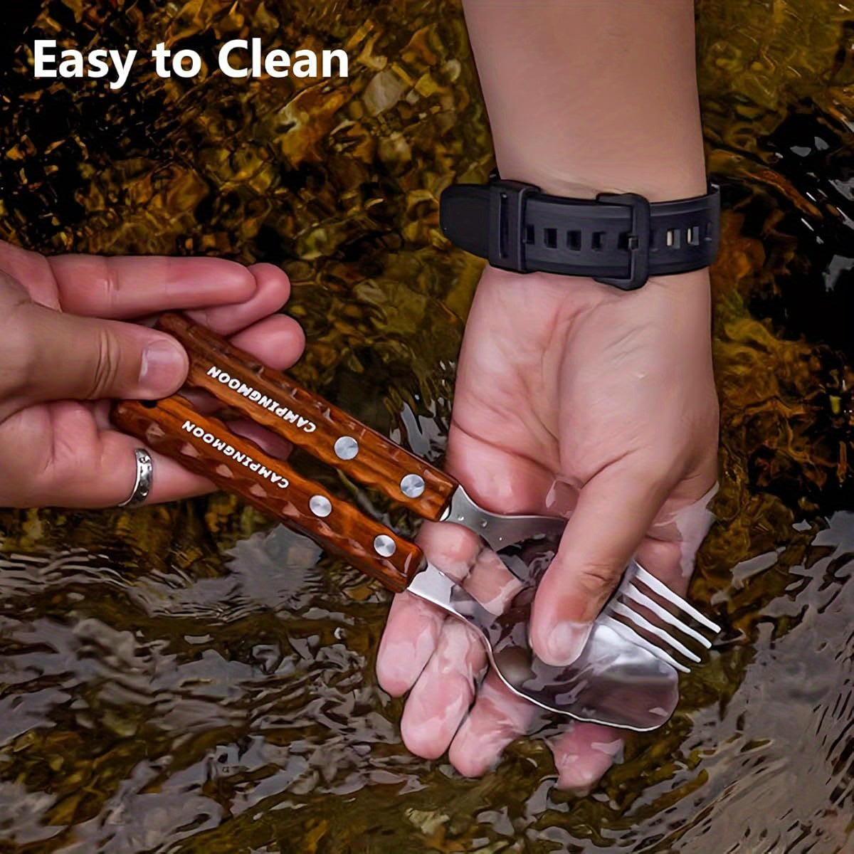 Campingmoon Stainless Steel Camping Fork and Spoon Combo 2- Pack Metal Sporks Set of 2 with Solid Wood Handle Salad Forks Spork Camping Utensil for Hiking Backpacking, Camping Accessories And Equipment, Camping Gear, Camping Dinnerware Set, Camping Kit,