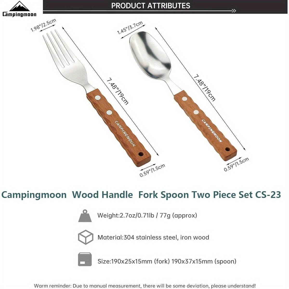 Campingmoon Stainless Steel Camping Fork and Spoon Combo 2- Pack Metal Sporks Set of 2 with Solid Wood Handle Salad Forks Spork Camping Utensil for Hiking Backpacking, Camping Accessories And Equipment, Camping Gear, Camping Dinnerware Set, Camping Kit,