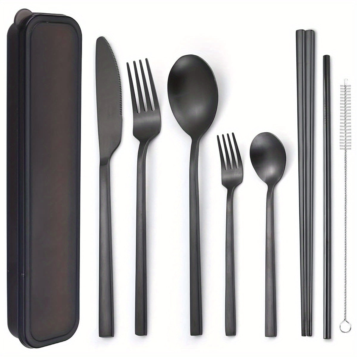 6pcs Stainless Steel Flatware Set - Portable, Reusable Cutlery with Chopsticks, Knife, Fork, Spoon, and Cleaning Brush - Dishwasher Safe, Ideal for Travel and Outdoor Use, Outdoor Dining Essentials|Modern Cutlery Set|Durable Cutlery