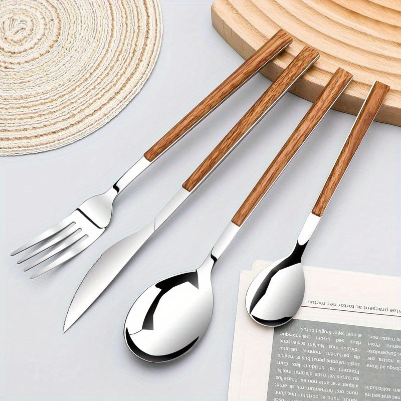 Stainless Steel Flatware Set 4, Cutlery Utensils Set with Simulated Wooden Handle Include Knives Forks Spoons Service 4, Mirror Polished and Dishwasher Safe Silvery, Stainless Steel Cutlery Set, Cutlery Set Stainless Steel, Cutlery, Portable Cutlery Set,