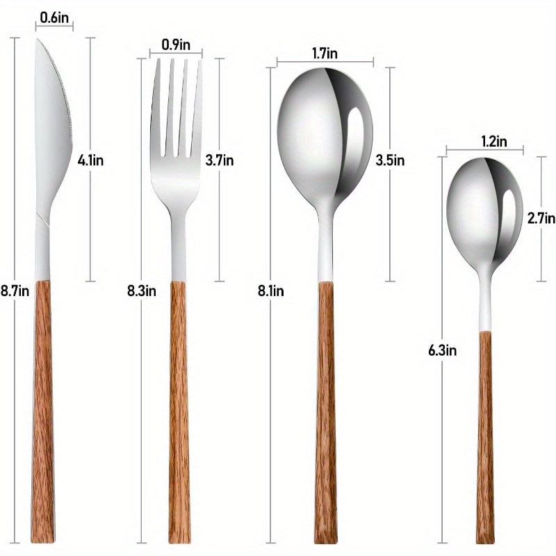 Stainless Steel Flatware Set 4, Cutlery Utensils Set with Simulated Wooden Handle Include Knives Forks Spoons Service 4, Mirror Polished and Dishwasher Safe Silvery, Stainless Steel Cutlery Set, Cutlery Set Stainless Steel, Cutlery, Portable Cutlery Set,