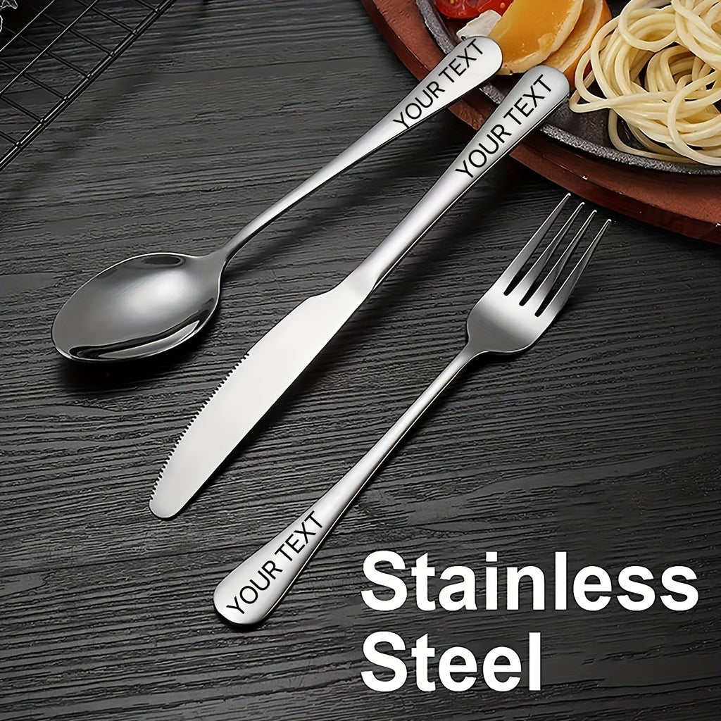 4pcs Customized Text, Engraved 3pcs Stainless Steel Cutlery Set, Portable Knife Fork Spoon and Box, Silvery/Black, Essential for Couples, Travel, Camping, Office, School Restaurant Lunch Box, Christmas Gift