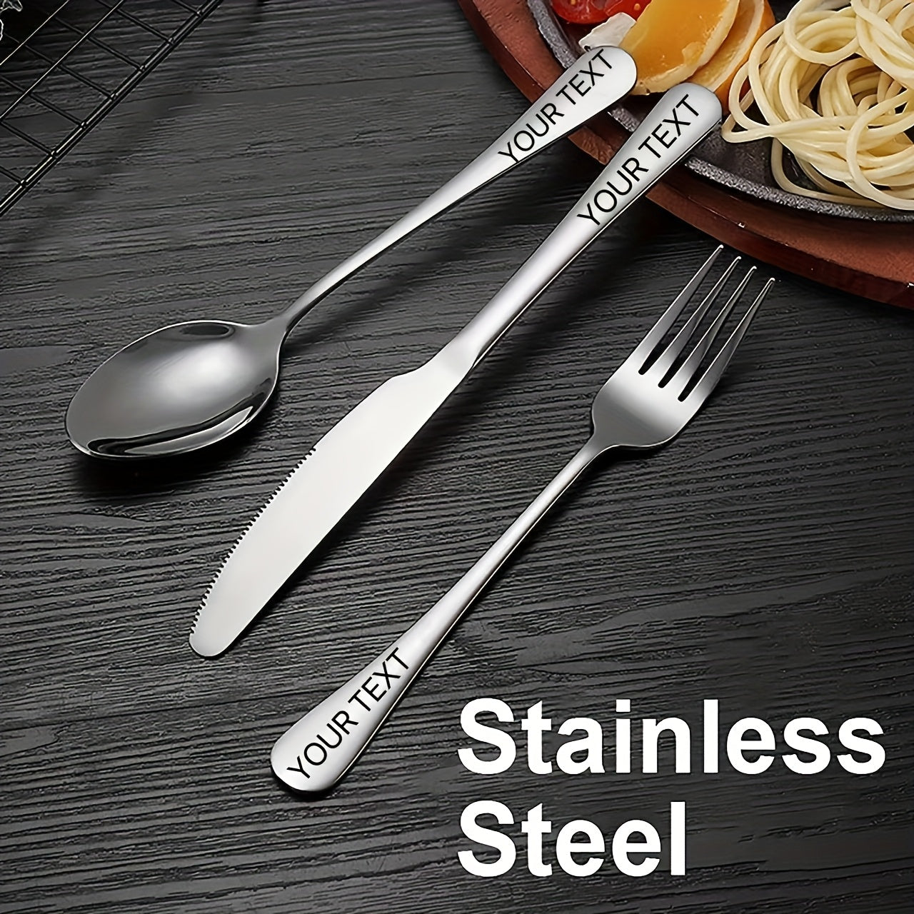 4pcs Customized Text, Engraved 3pcs Stainless Steel Cutlery Set, Portable Knife Fork Spoon and Box, Silvery/Black, Essential for Couples, Travel, Camping, Office, School Restaurant Lunch Box, Christmas Gift